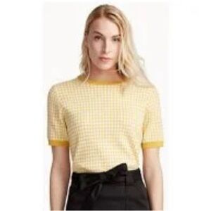 Chico's Watercolor Gingham Boat-Neck S/S Tee Top Yellow Cream